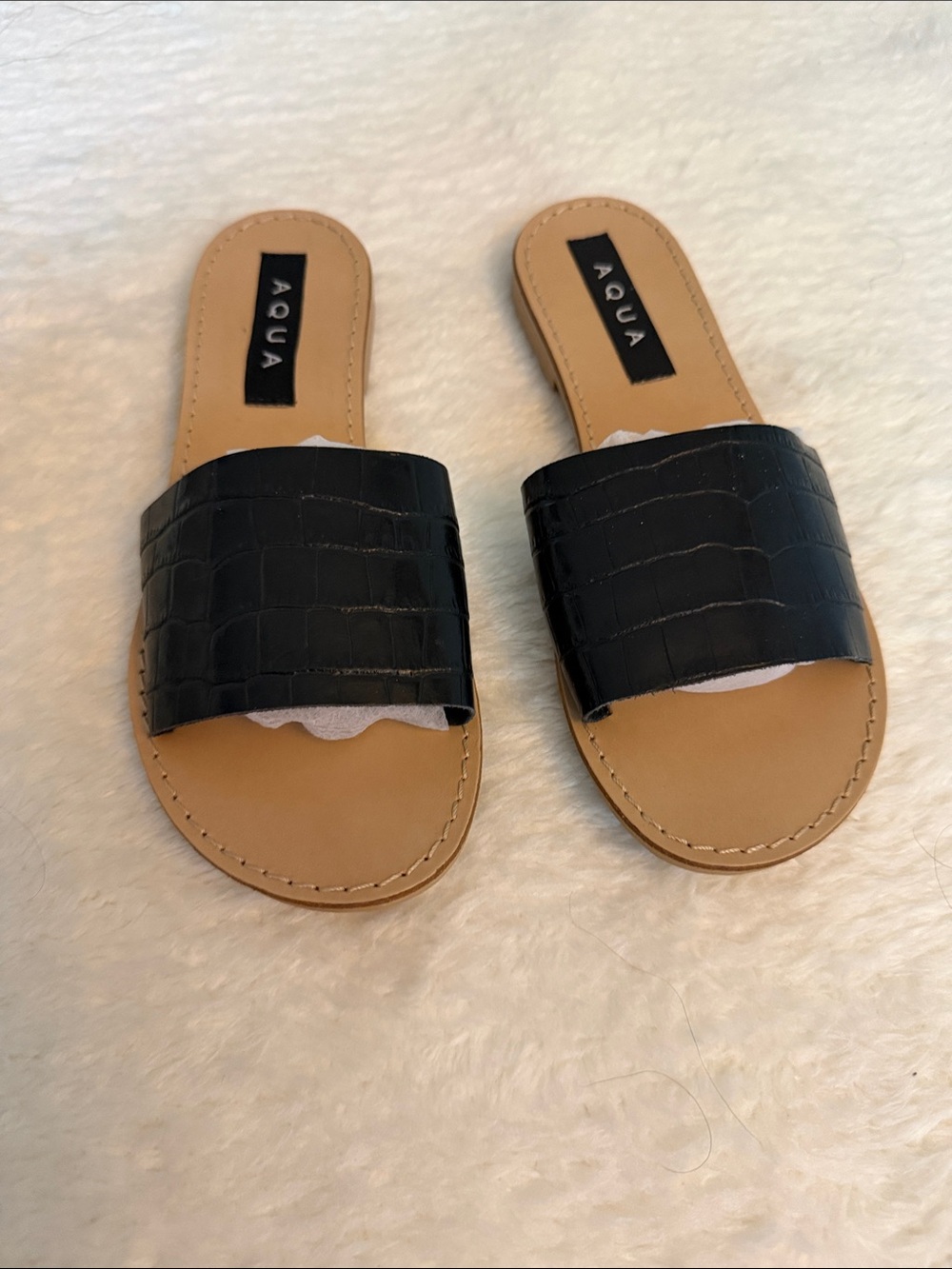 Aqua Black Croc-Embossed Slide Sandals with Tan Footbed